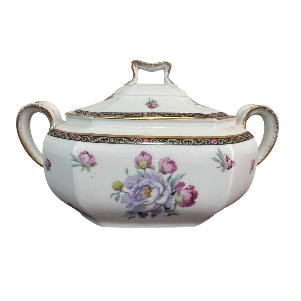 Johann Haviland Bavaria Floral Sugar Bowl with Lid Gold Trim